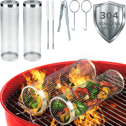 2 rolling bbq basket on top of red grill, featuring included forks, tongs, hooks, stainless steel shield label 
