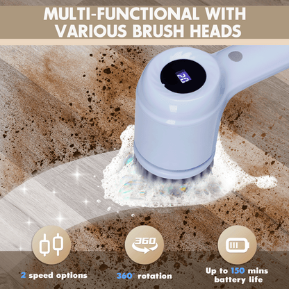 a white electric brush with a white substance on it with text: 'MULTI-FUNCTIONAL WITH VARIOUS BRUSH HEADS 2 speed options rotation Up to 150 mins battery life'