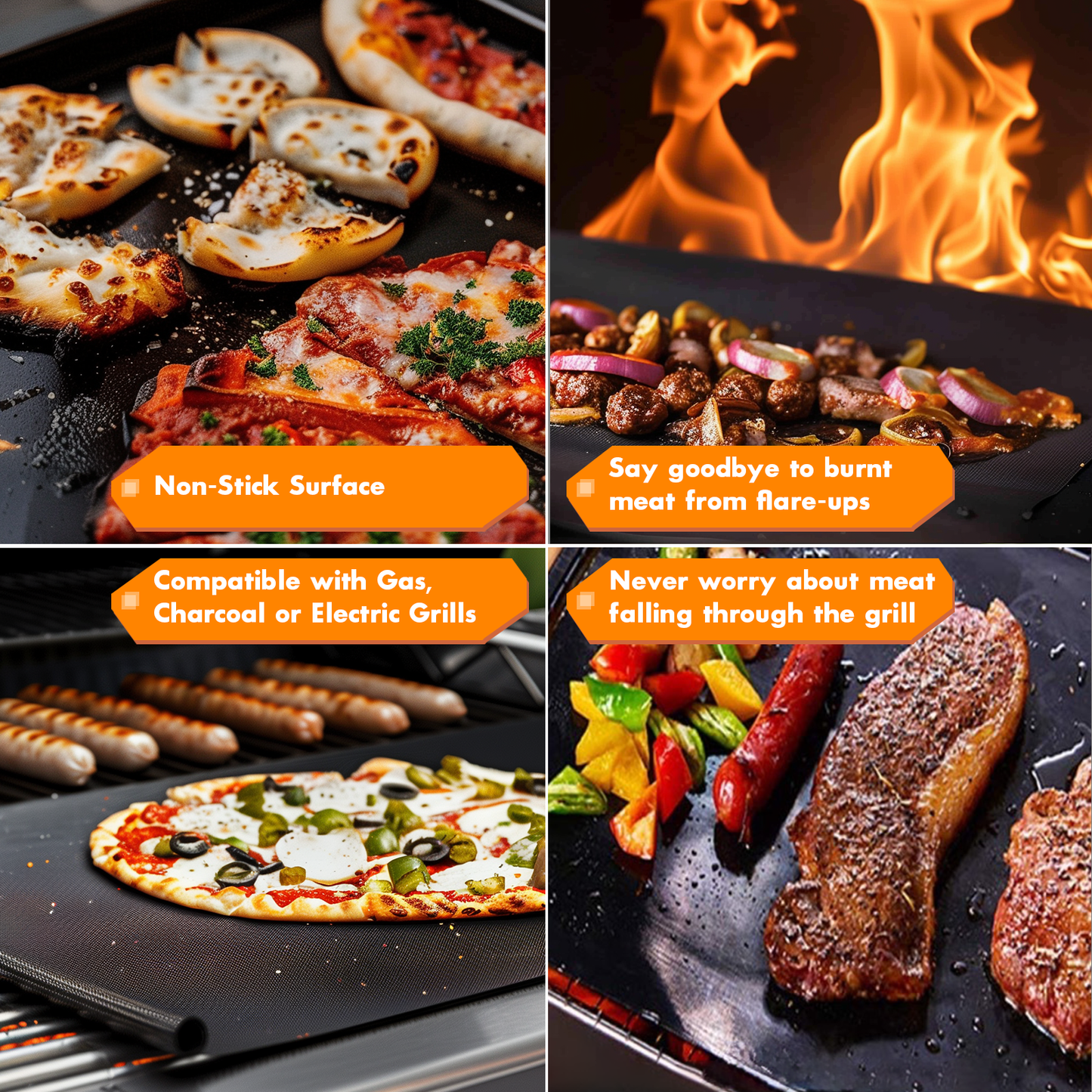 a collage of food on a grill with text: 'Non-Stick Surface Say goodbye to burnt meat from flare-ups Compatible with Gas, Never worry about meat Charcoal or Electric Grills falling through the grill'