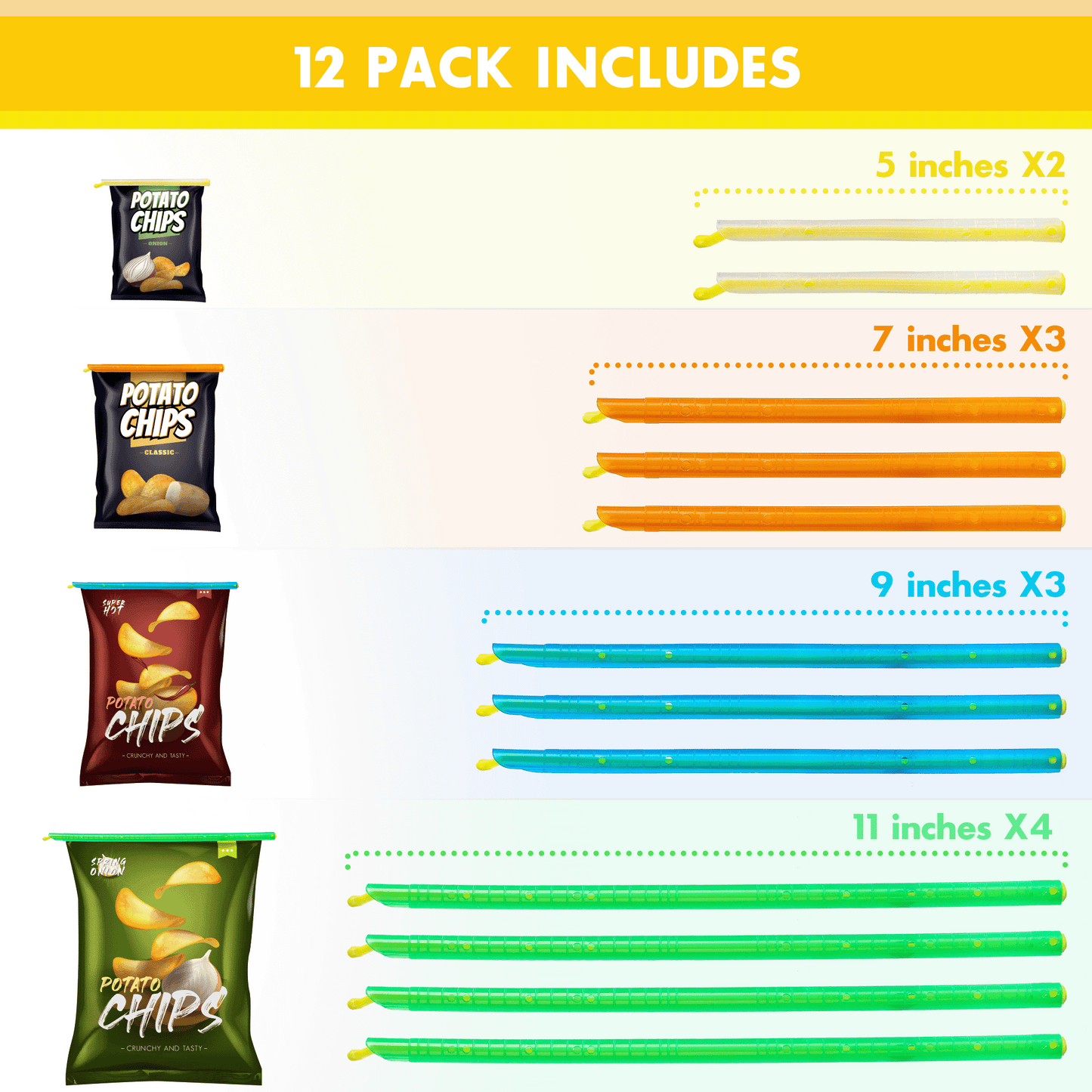 a group of chips with different colors with text: '12 PACK INCLUDES 5 inches X2 POTATO CHIPS 7 inches X3 POTATO CHIPS - CLASSIC 9 inches X3 POTATO CHIPS - CRUNCHY AND TASTY - 11 inches X4 .......... POTATO CHIPS - CRUNCHY AND TASTY -'