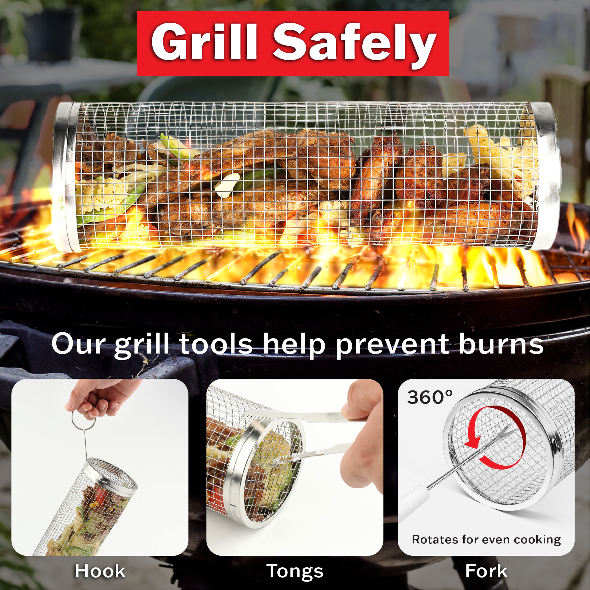 product features: hook, tongs, fork; text: grill safely, our grill tools help prevent burns