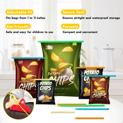 a group of bags of chips with text: 'Adjustable Fit Secure Seal Fits bags from 1 to 11 inches Ensures airtight and waterproof storage Kid-Friendly Portable Safe and easy for children to use Compact and convenient *** *** POTATO POTATO POTATO SALT POTATO CHIPS RUNCHY AND TASTY - AND TASTY - - ONION - POTATO CHIPS -CRUNCHY AND TASTY -'