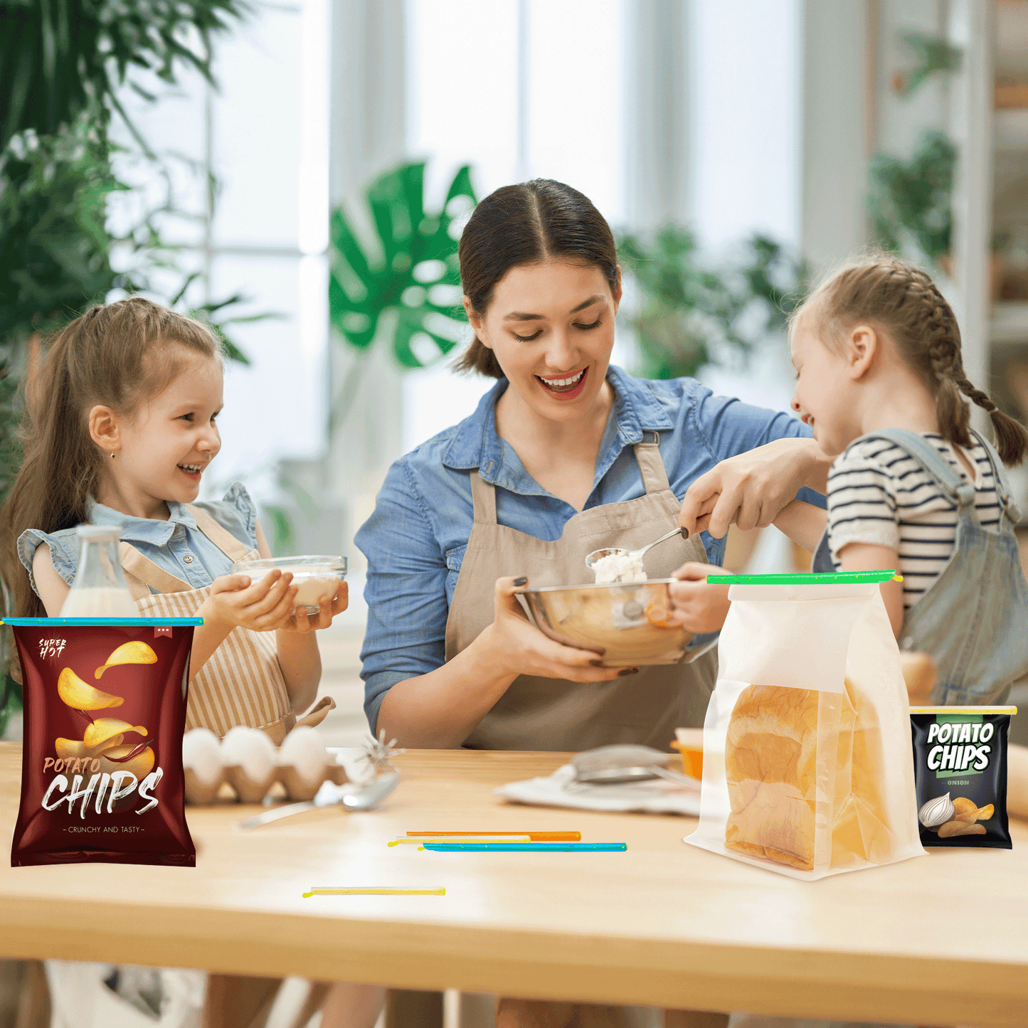 a person and two childs in aprons with text: 'POTATO CHIPS POTATO CHIPS ONION CRUNCHY AND TASTY'