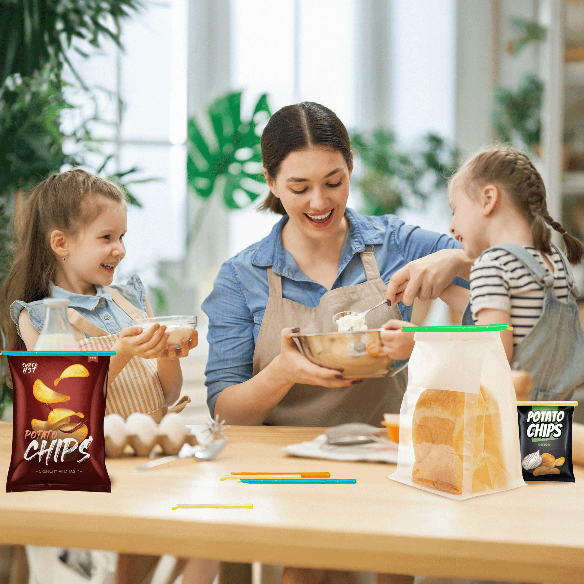 a person and two childs in aprons with text: 'POTATO CHIPS POTATO CHIPS ONION CRUNCHY AND TASTY'