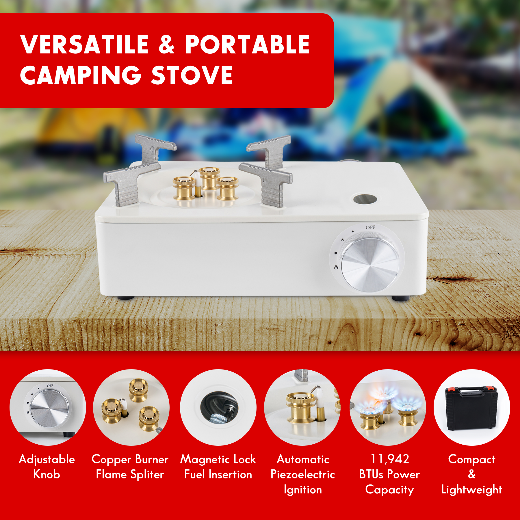 camping stove and its features: adjustable knob, copper burner flame splitter, magnetic lock fuel insertion, automatic piezoelectric ignition, 11,942 BTUs power capacity, compact and lightweight