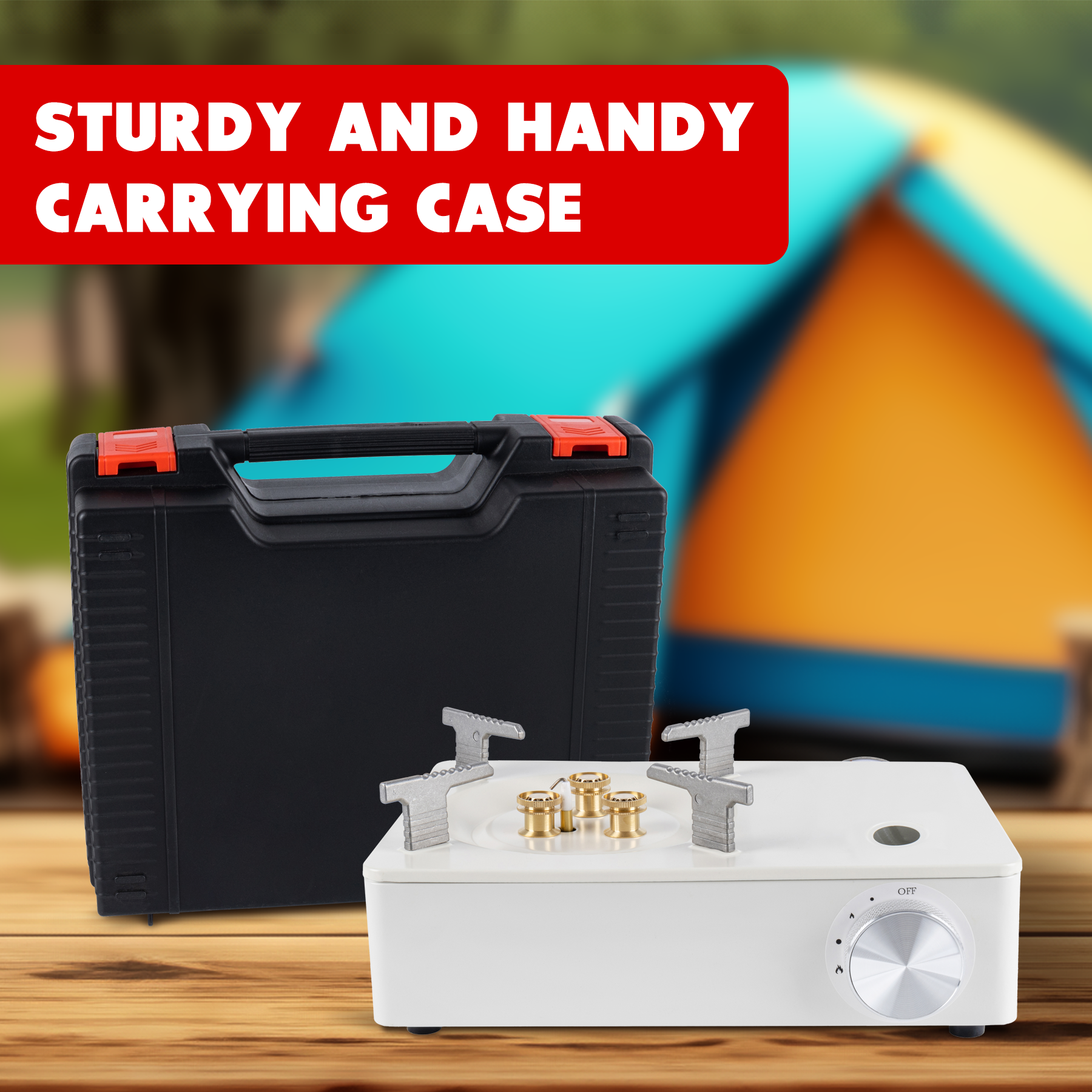 black carry case with red safety lock and white camping stove 