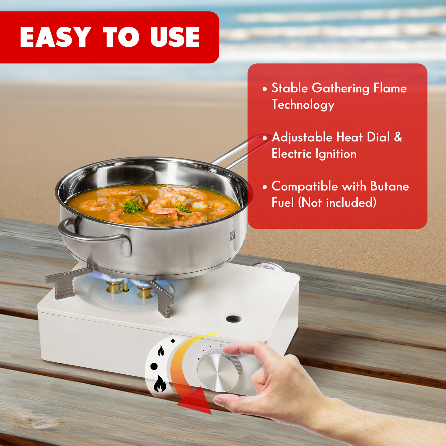 hand turning dial knob with a pot of curry shrimp on top of camping stove