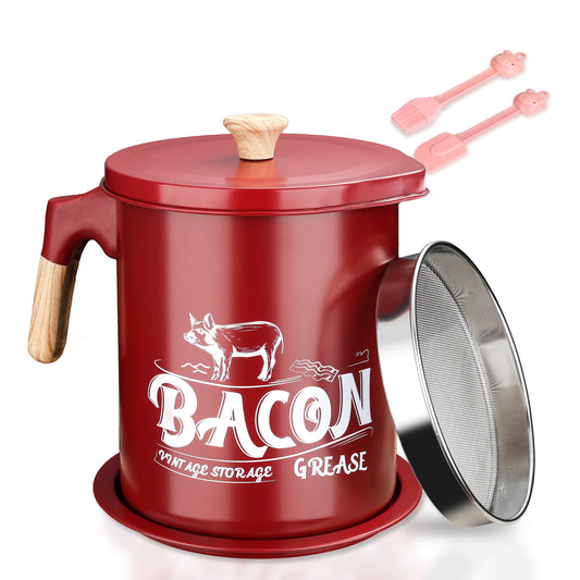 a red pot with a lid and a sieve with text: 'BACON AGE GREASE'