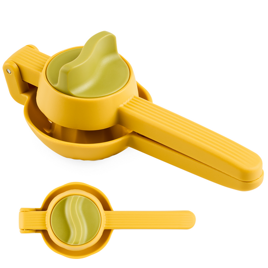 a yellow plastic squeezer with a green handle