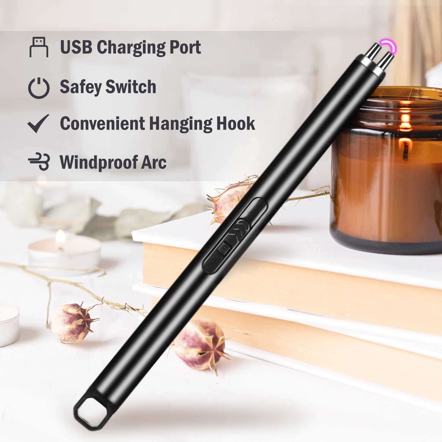 a black pen on top of books and a candle with text: 'USB Charging Port Safey Switch Convenient Hanging Hook Windproof Arc'