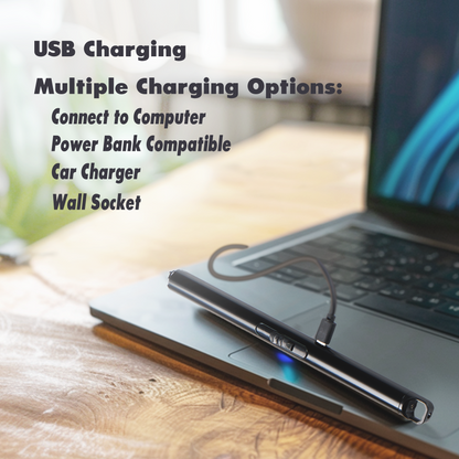 a phone charging on a laptop with text: 'USB Charging Multiple Charging Options: Connect to Computer Power Bank Compatible Car Charger Wall Socket'