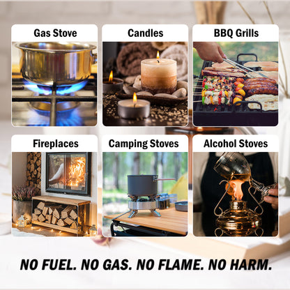 a collage of images of different types of cooking with text: 'Gas Stove Candles BBQ Grills Fireplaces Camping Stoves Alcohol Stoves NO FUEL. NO GAS. NO FLAME. NO HARM.'