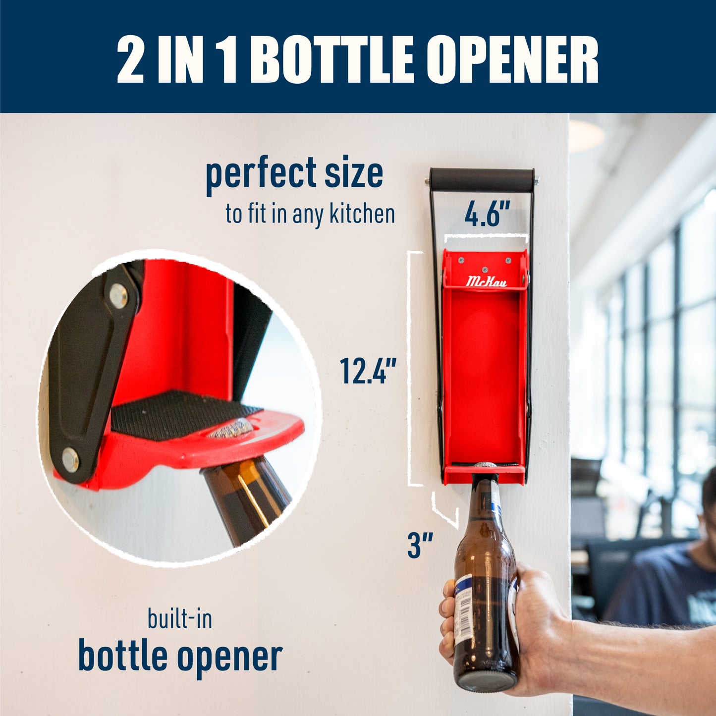 zoom in of bottle opener on red can crusher, size of can crusher: 4.6"x12.4"x3", text: 2 in 1 bottle opener