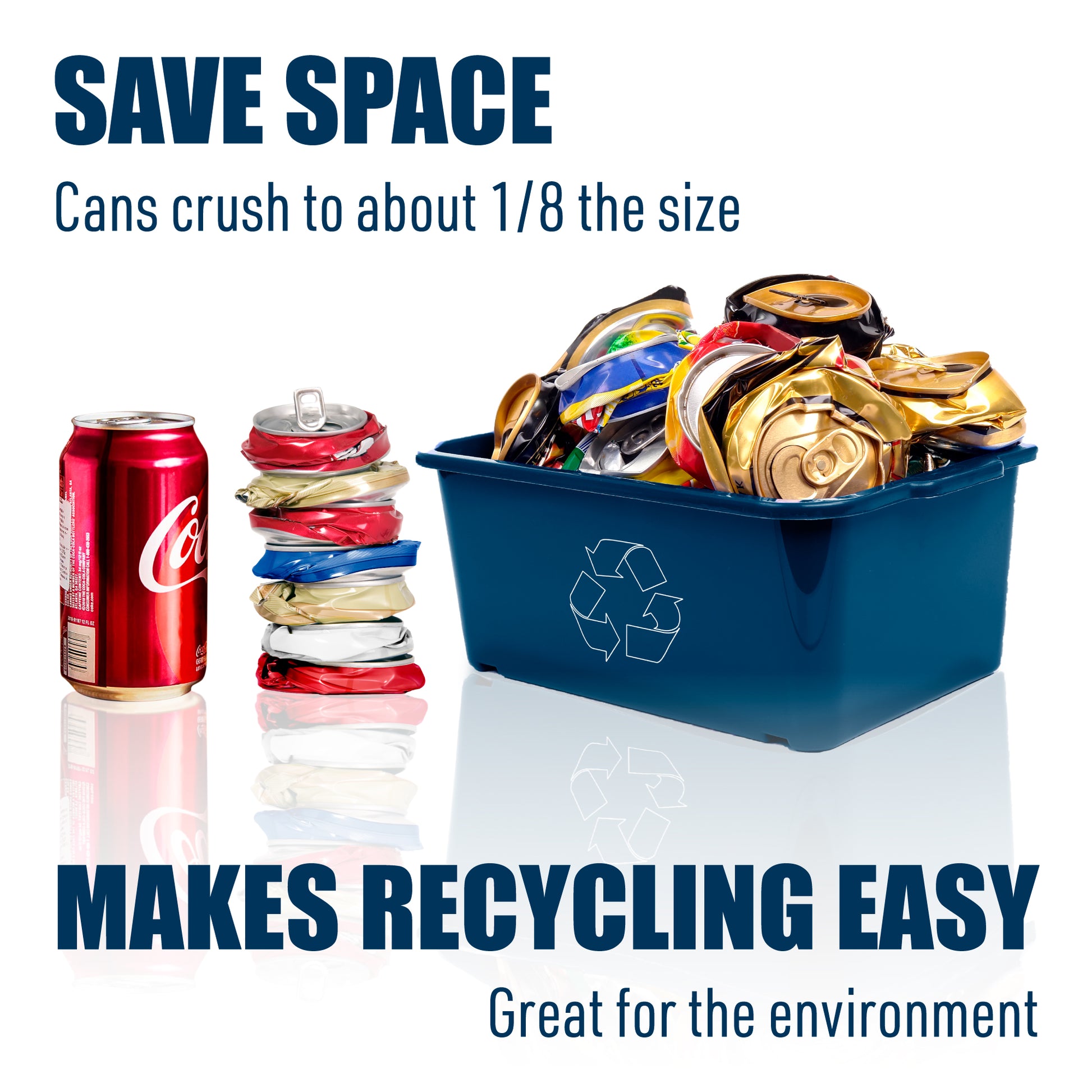 red soda can, stack of crushed cans, blue recycle bin filled with crushed soda cans, text: save space, make recycling easy