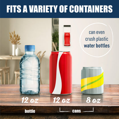 12 oz plastic water bottle, 12 oz red soda can, 8 oz yellow and green soda can, text: fits a variety of containers