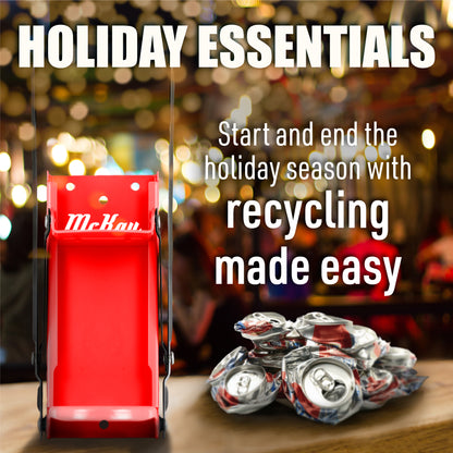 red can crusher and crushed cans, text: holiday essentials, start and end the holiday season with recycling made easy