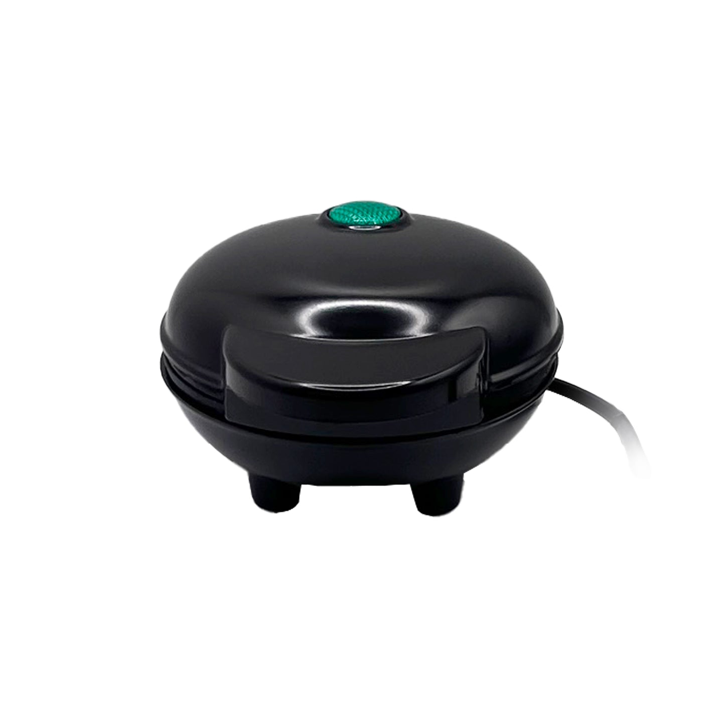 a black waffle iron with a green button