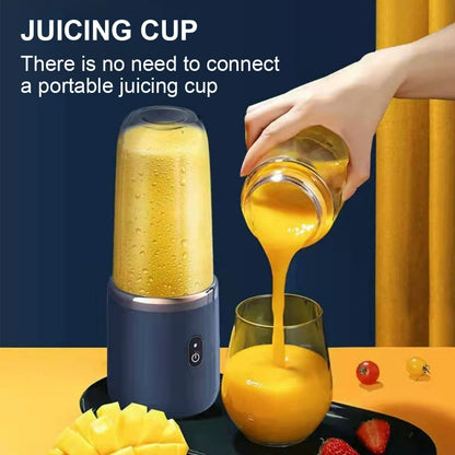 a hand pouring orange juice into a glass with text: 'JUICING CUP There is no need to connect a portable juicing cup'