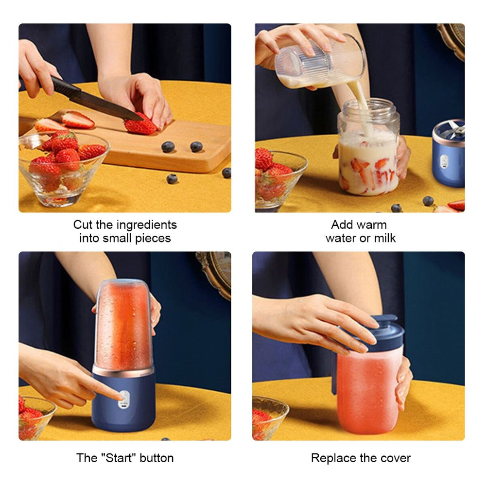 a collage of hands making a smoothie with text: 'Cut the ingredients Add warm into small pieces water or milk The "Start" button Replace the cover'