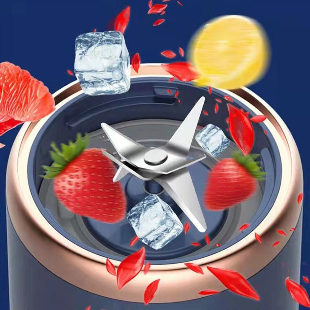 a blender with fruits and ice cubes