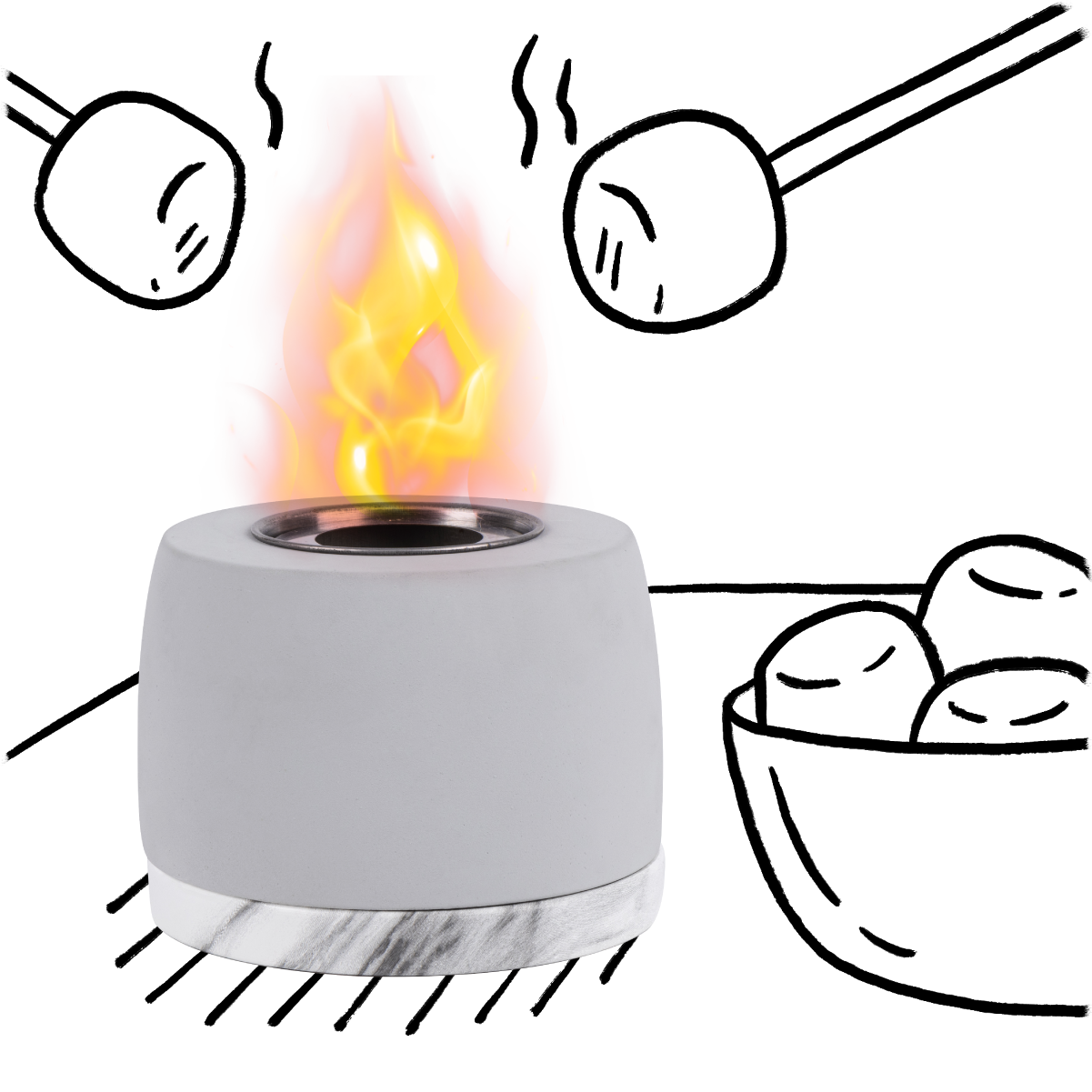 gray tabletop fire pit with black line illustration of hovering marshmallow over flames 