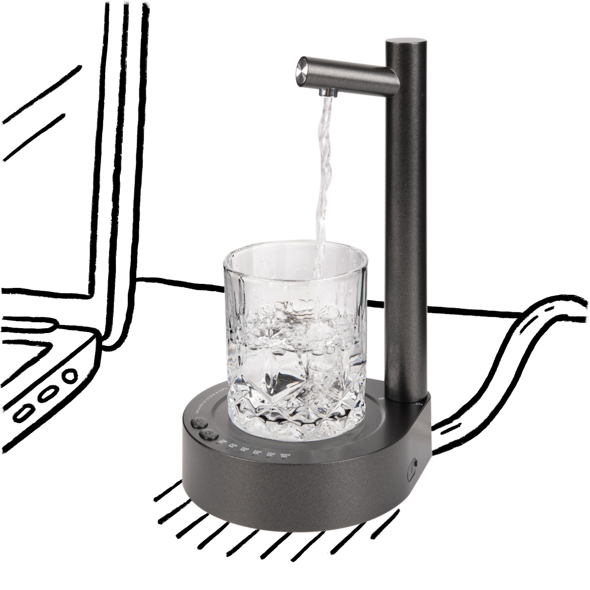 black desktop water dispenser with black line illustration of laptop and water tube attached to water dispenser