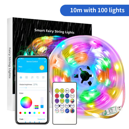 a string light with a smart phone and a box with text: '10m with 100 lights Smart Fairy String Lights Fairy String Lights 09:30 Device Control Neo Global brightness 27% DI Colo Red ireer Blue Purpl HOW PEED PEE MOD IODE R 255 255 Fade Deselect All'