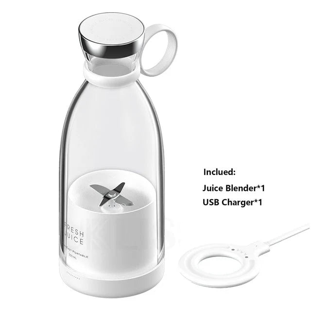 a juicer and charger with text: 'Inclued: Juice Blender*1 USB Charger*1'