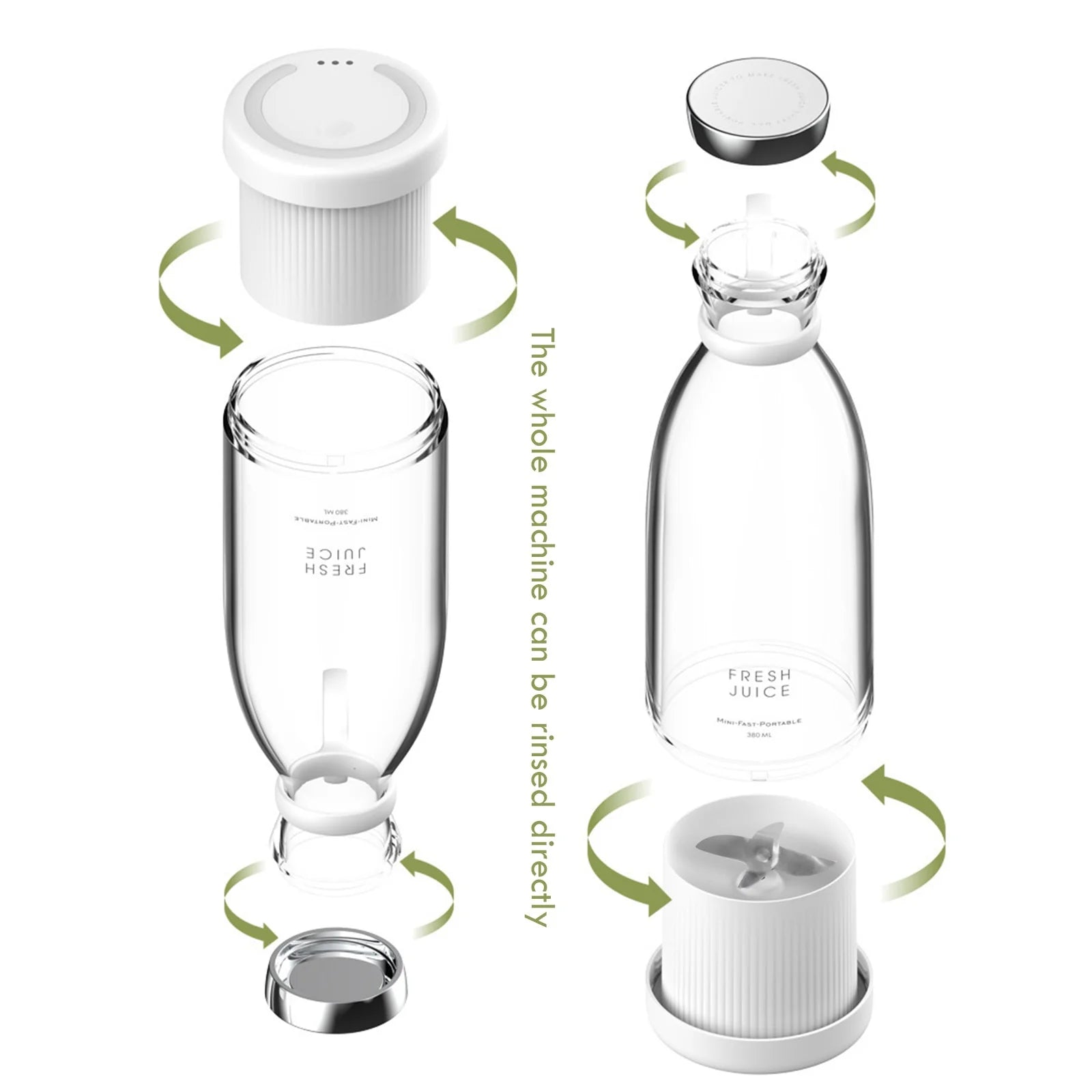 a diagram of a bottle with text: 'The whole machine can be rinsed directly JUICE FRESH FRESH JUICE ML'